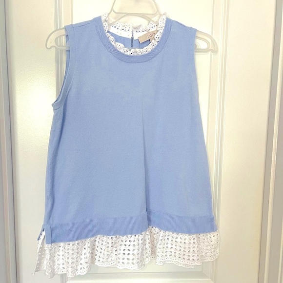 LOFT Tops - Loft periwinkle tank top with white eyelet bottom and neckline. Size S